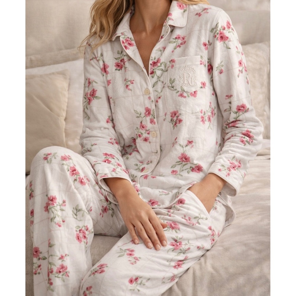 Ralph‎ Lauren White Pink Floral Fleece PJ Sleep Set Pants Long Sleeve Large NWT